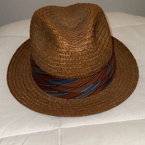 Brown Straw Fedora with Blue and Brown Ribbon